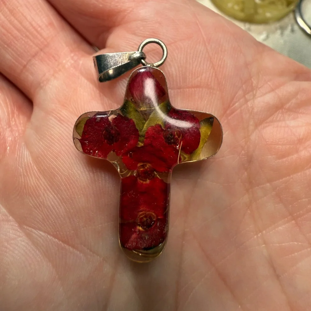 Floral Resin Cross Pendant Marked 925